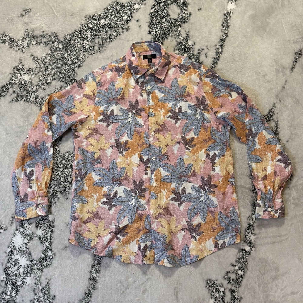 Club Room Shirt Womens Size L Multicolor Fall Leave Print Linen Button Up